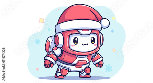 Cute mecha character in a Santa hat, adorable robot illustration for Christmas with snowy background