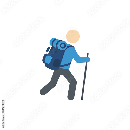 A person hiking with a backpack and walking stick.