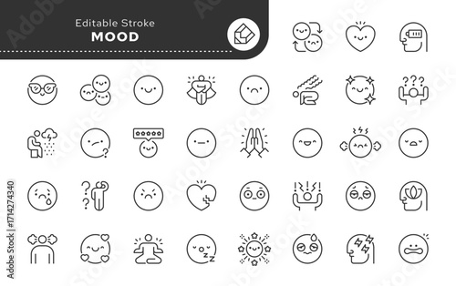 Mood line icon set. Emotion and emoji. Happy, sad, nervous, angry, sleeping, cool, confused, in love, surprised, indignant, dissatisfied and more. Outline icon in linear style. Vector collection.	