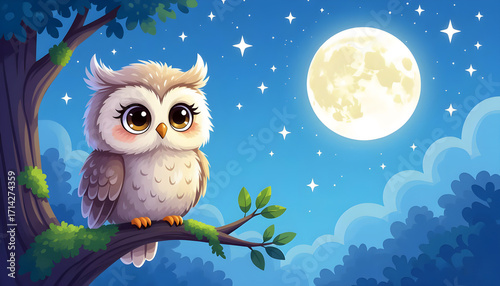 Wallpaper Mural Cartoon owl on tree branch at night with copyspace, educational nocturnal bird illustration for kids book Torontodigital.ca