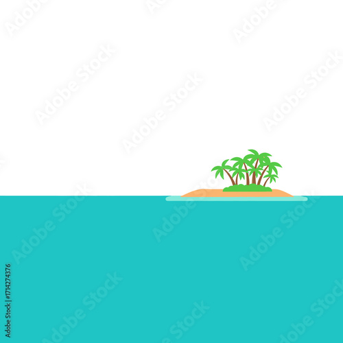 A minimalist flat vector illustration of a small, deserted tropical island with palm trees in the middle of the ocean.