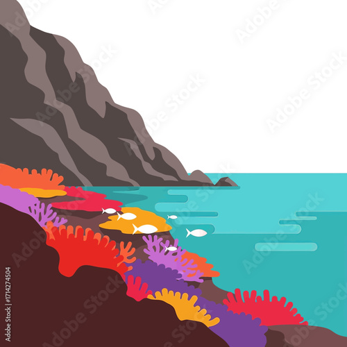 Coastal underwater scene with colorful coral reefs and fish near a rocky cliff face.