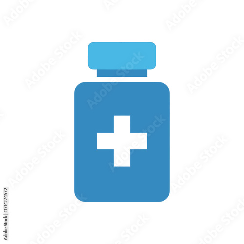 A blue medicine bottle with a white cross symbol, representing healthcare and pharmaceuticals.