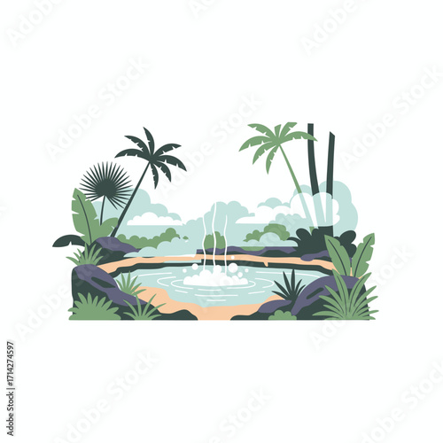 Tranquil tropical hot spring surrounded by lush vegetation.