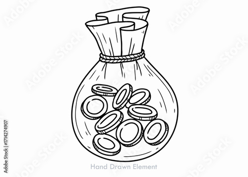Hand-drawn illustration of a money bag overflowing with coins.