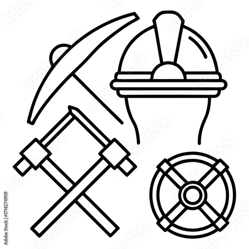 Mining vector icon set with helmet pickaxe crossed hammers and gear black outline