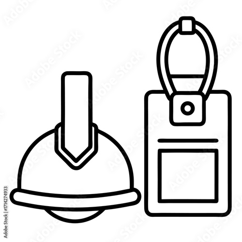Construction worker safety helmet and identification card in monochrome line art design style