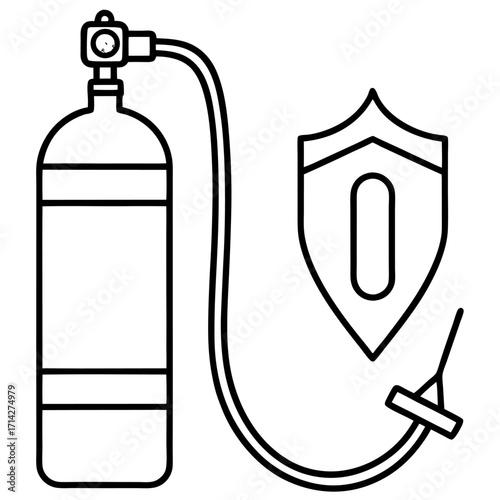 Oxygen tank medical equipment and safety shield icon design concept in black outline for healthcare