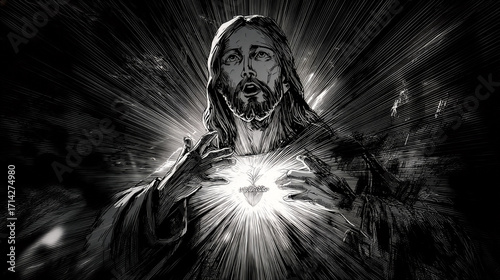 Sacred Heart Jesus Vintage Engraving Style Black White Religious Art