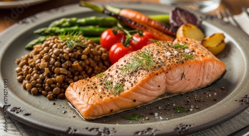 Perfectly Cooked Salmon Fillet with Roasted Vegetables and Lentils on a Rustic Plate