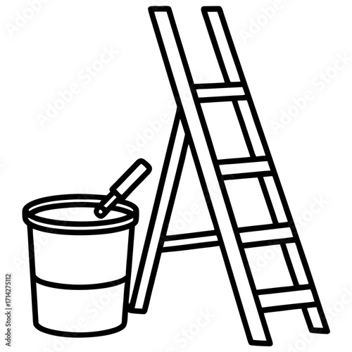 Painting project equipment ladder paint bucket and brush DIY home improvement concept renovation outline vector illustration