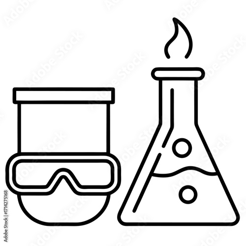 Science and Chemistry Outline Icon Featuring Flasks and Goggles Illustrating Lab Research and Education