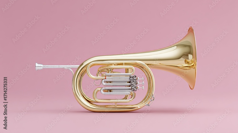 Fototapeta premium A brass instrument with a gold finish is shown on a pink background