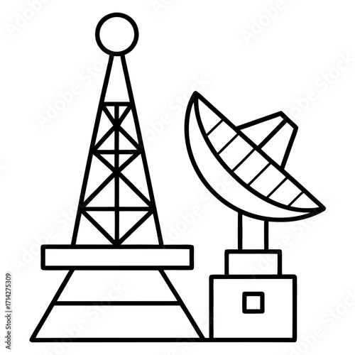 Black outline communication tower and satellite dish simple design for education and technology themes