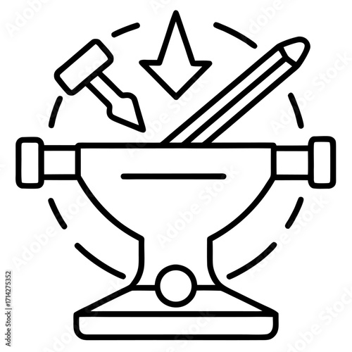 Iconic blacksmithing tools on anvil with hammer chisel and arrow in bold linear art style design concept