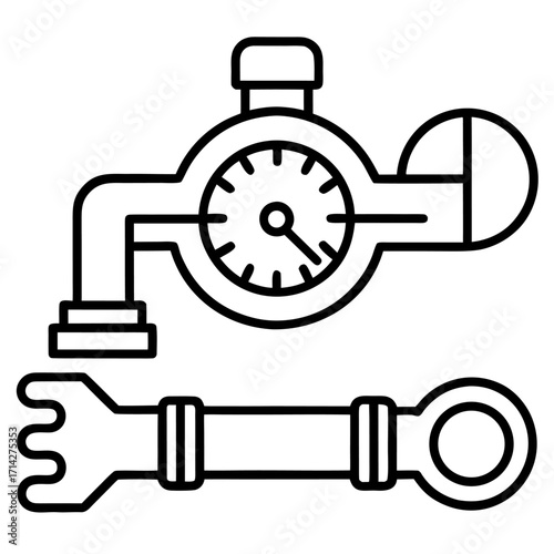 Plumbing tools outline icons representing maintenance meter and wrench for home repair and installation plumbing service