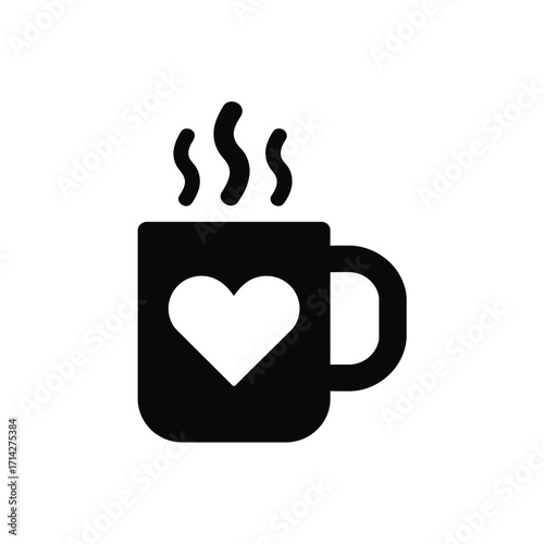 Simple black and white vector icon of a hot mug with a heart symbol and steam silhouette vector illustration white background