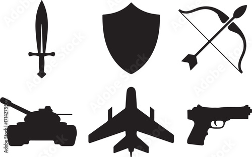 Iconic weapons and defense symbols for history or strategy