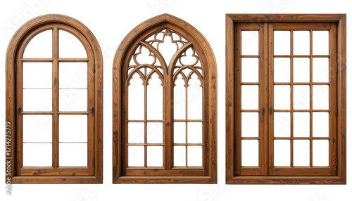 Three wooden window frames with glass panes on black isolated on a transparent background