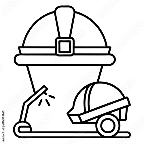 Construction Safety Gear Illustration with Helmets and Portable Light Equipment in Black and White