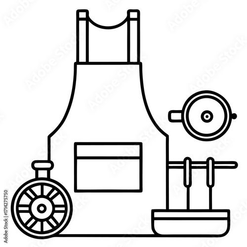 Blacksmith workshop outline icon with apron and tools representing a craft profession setup