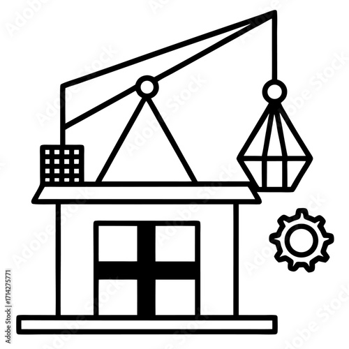 Construction site outline icon with crane building and gear wheels representing industry progress