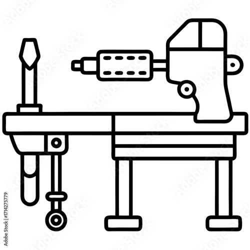 Wood lathe machine tool line art style drawing vector illustration woodworking equipment and carpentry machinery icon