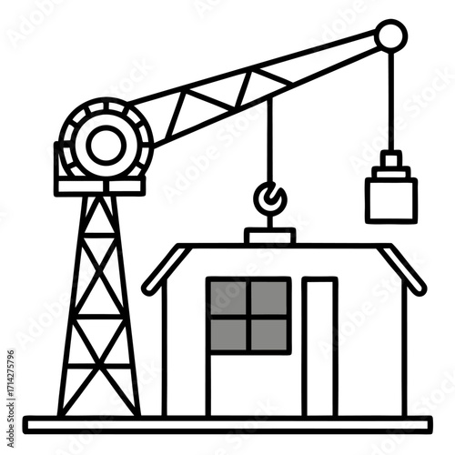 Minimalist illustration of a crane lifting a block onto a small house construction project site design concept