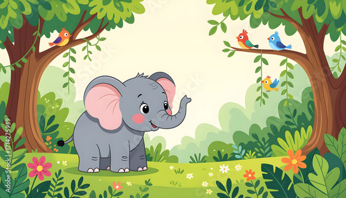 Wallpaper Mural artoon elephant in forest landscape with copyspace, educational wildlife illustration for kids book Torontodigital.ca
