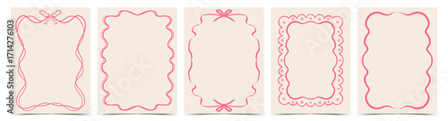 Set of doodle hand drawn trendy coquette frames with bows, ribbons. Minimalist vintage whimsical borders. Modern vector design template for wedding invitation, birthday card, print, holiday poster.