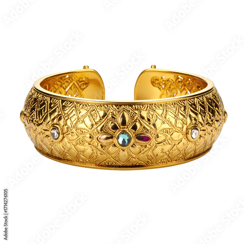 Exquisite Gold Bangle Adorned with Intricate Designs and Gemstone Accents A Timeless Treasure of Elegance and Sophistication for Discerning Jewelry Lovers