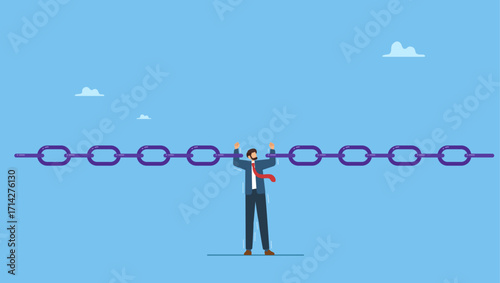Fatigue businessman trying to hold broken chain together with his low energy. Business risk, vulnerability, danger and weakness or conflict causing failure in business and investment.