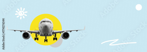 Trendy Halftone Collage of airplanes for vacations. International travel vector. Contemporary vector art illustration with position elements.