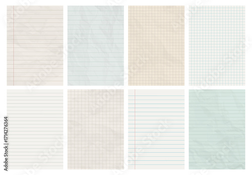 Lined and graph grid paper sheets set. Blank notebook, checkered and ruled pages isolated collection