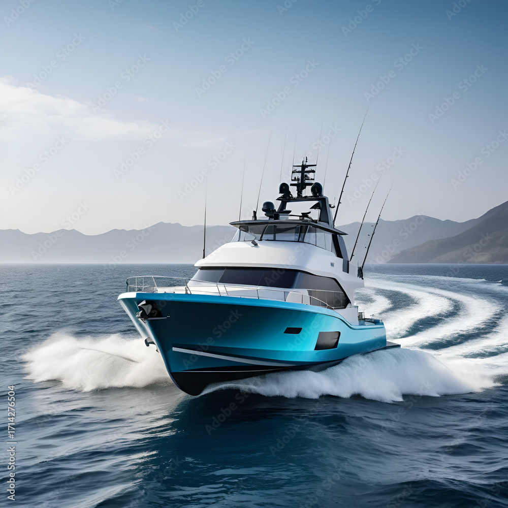 Naklejka premium Modern fishing boat equipped with radar and sonar, sleek design, and dynamic oceanic backdrop