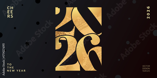 Merry Christmas and Happy New Year 2026 greeting card, poster, web banner, holiday cover. Creative concept with gold typography logo 2026 for celebration and season decoration. Vector design template