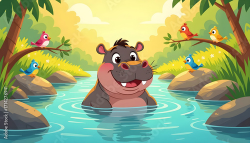 Wallpaper Mural Cartoon hippopotamus in river with copyspace, educational water wildlife illustration for kids learning book Torontodigital.ca