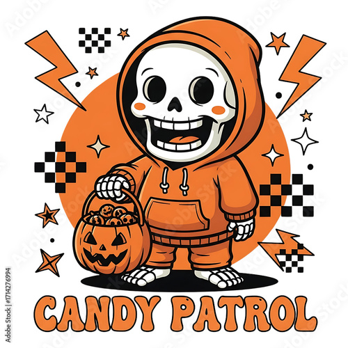 Retro Halloween Cartoon Skeleton with Pumpkin Candy Bucket – Vintage 70s Cute Hoodie Design