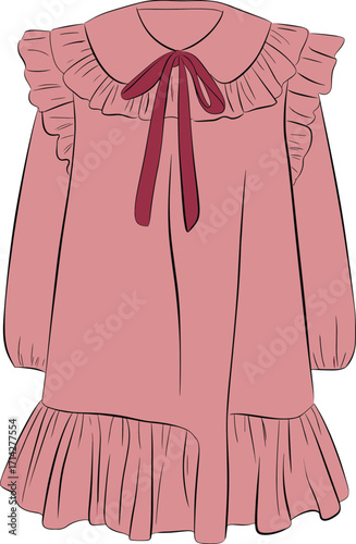 Long sleeve ruffle dress CAD drawing, flat vector sketch, fashion illustration of feminine design with bow tie collar detail