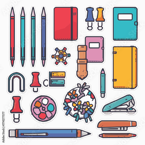 A set of cute stationery stickers in vector format with solid colors and white background, featuring pens, notebooks, and office supplies