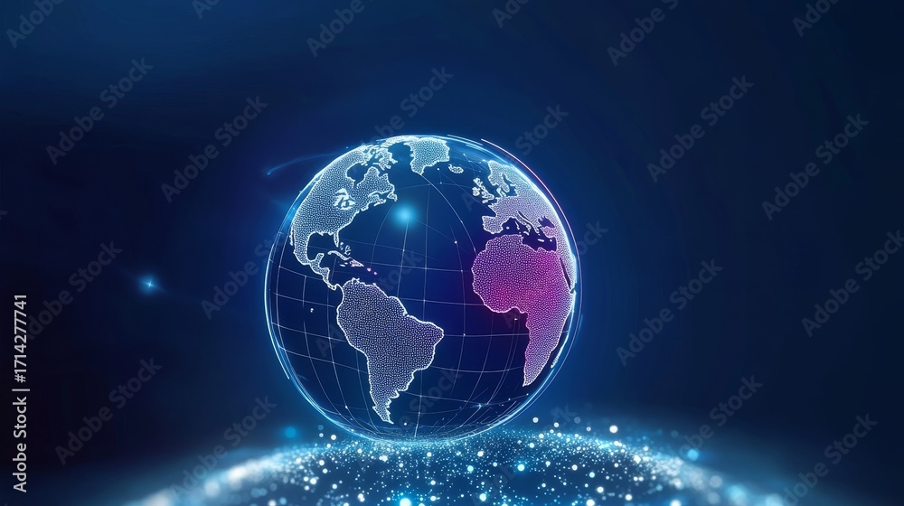 Fototapeta premium A Futuristic Planet Representation with Global Connections and Digital Data Flow in Vibrant Colors