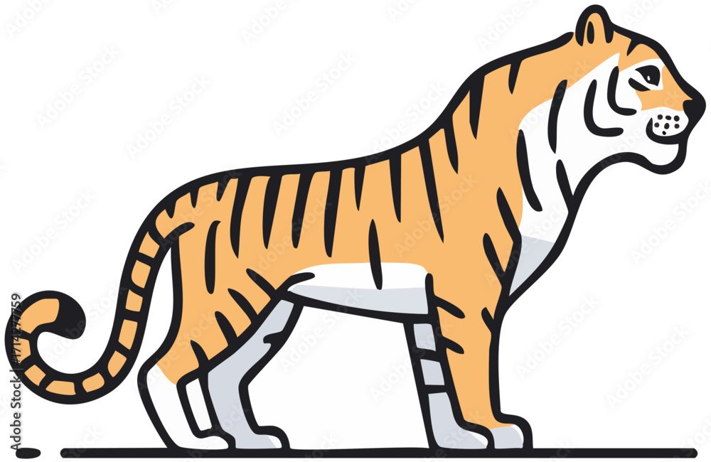 Obraz premium Tiger vector illustration, full body wild animal in standing pose, orange fur with black stripes, jungle predator, wildlife mascot, simple flat graphic drawing isolated on white background