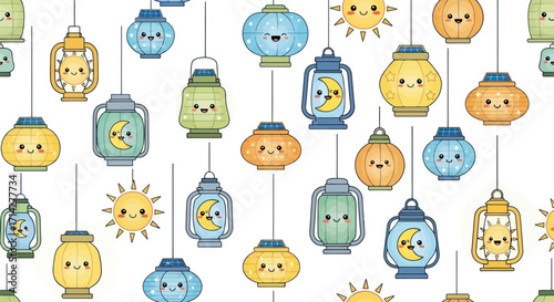 Colorful Hanging Lanterns and Sun Cartoon Pattern.