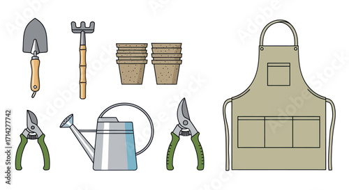 Vector illustration of a gardening tool set with trowel rake pots shears watering can and apron.