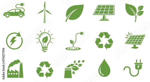Green Eco-Friendly Energy and Recycling Icons Set.