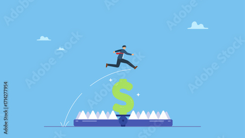 Businessman investor running and jumping into lore money pitfall or mouse trap with big money dollar sign bait. Financial money trap, risk in investment, ponzi scheme or business pitfall.