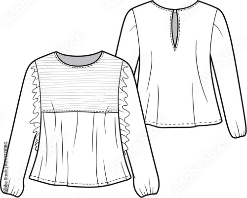Long sleeve ruffle blouse CAD drawing, women fashion flat sketch, gathered sleeve top vector, stylish garment design template