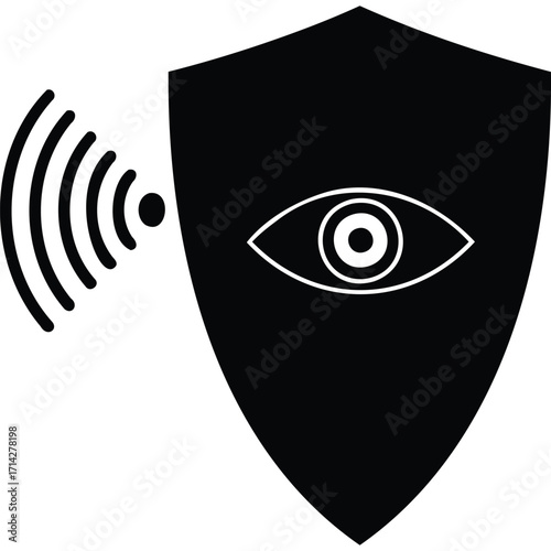A black shield with an eye inside and a signal symbol on the left side of the shield illustration