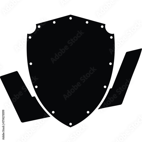 A black shield emblem with decorative rivets and abstract wings on a plain white background design icon