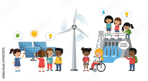 Diverse children learning about renewable energy sources like solar and wind power.